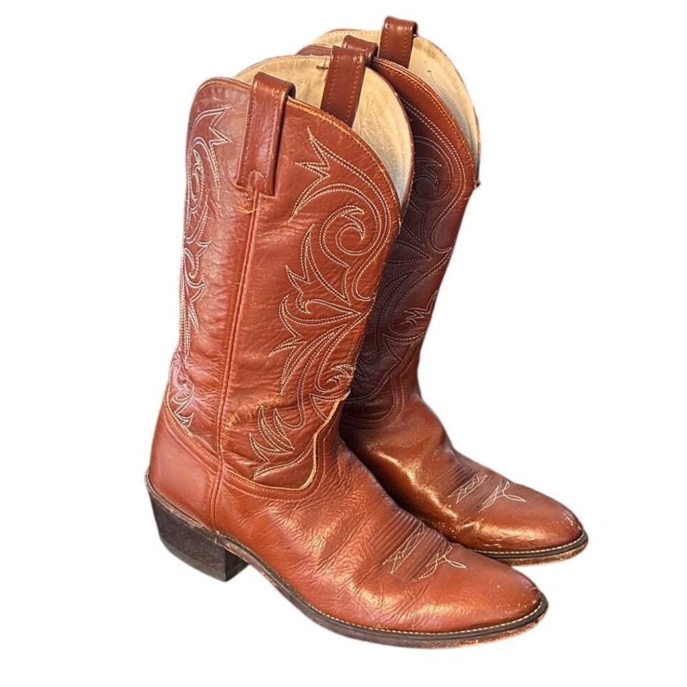 Vintage 70s Acme Cowboy Boots Mens 11B Brown Leather Western Embroidered USA